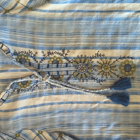new EMBROIDERED Tassel TIE NECK PEASANT TOP blue/cream stripe Boho NWT Sz S - Picture 3 of 8